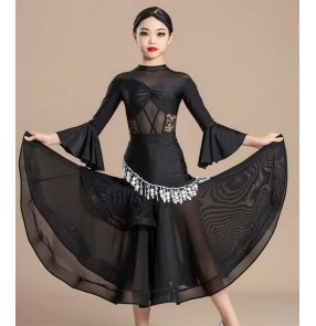 Black with white lace ballroom dance dresses for girls kids children waltz tango foxtrot smooth dance long swing skirts for Girls
